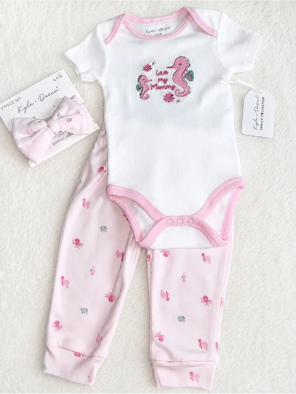 NWT Kyle & Deena 3pc Seahorse Ocean Life Set 6-9w/ Matching Bow Headband